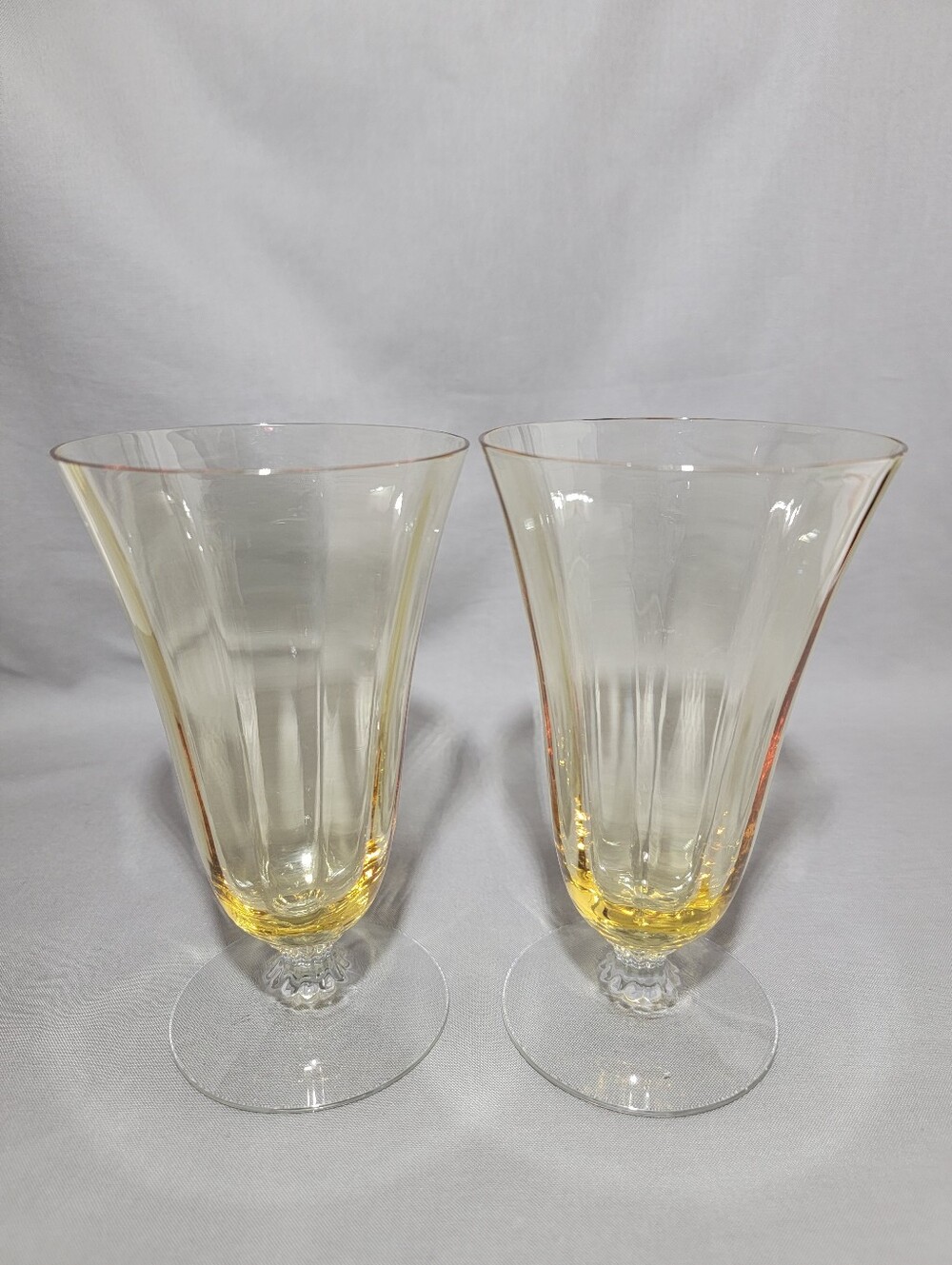 Vtg Fostoria Topaz Panel Optic Footed Tumbler Blown Glass Stemware 5099 Set 2
